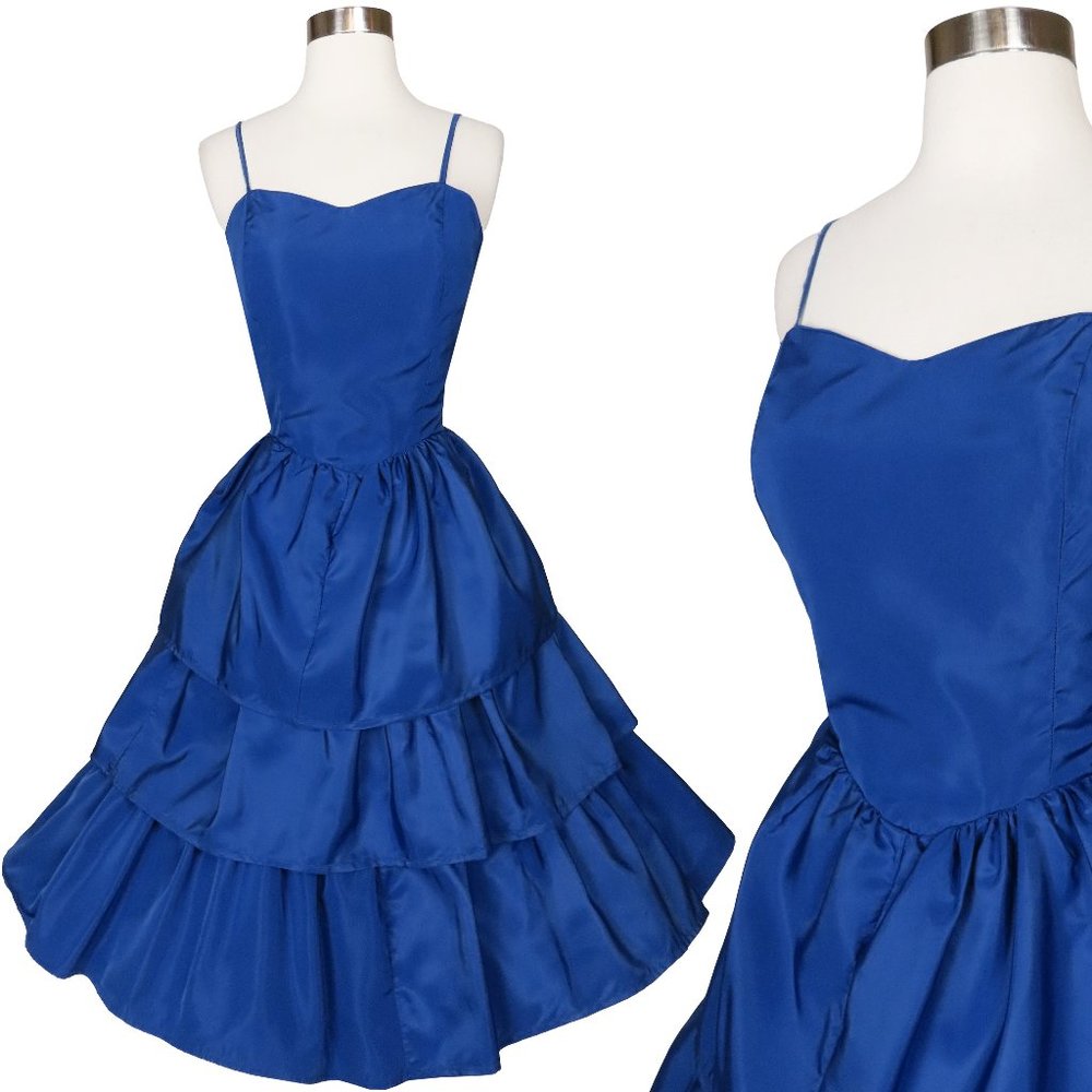 Vintage 80s Dark Blue Taffeta Full Tiered Skirt Prom Party Dress M Medium